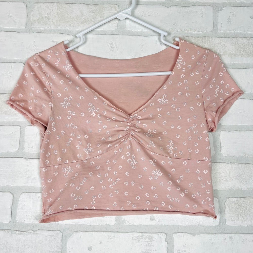 Pink Floral Ruched Bust Crop Top V-Neck Short Sleeve XS/S